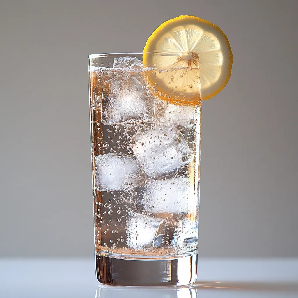 A tall glass filled with a bubbly, amber-colored beverage is adorned with several ice cubes and a lemon slice.  The drink appears refreshing and subtly fizzy, with carbonation visible throughout. The glass sits on a reflective surface against a neutral background. The lemon slice adds a touch of vibrant color and suggests a citrusy flavor.