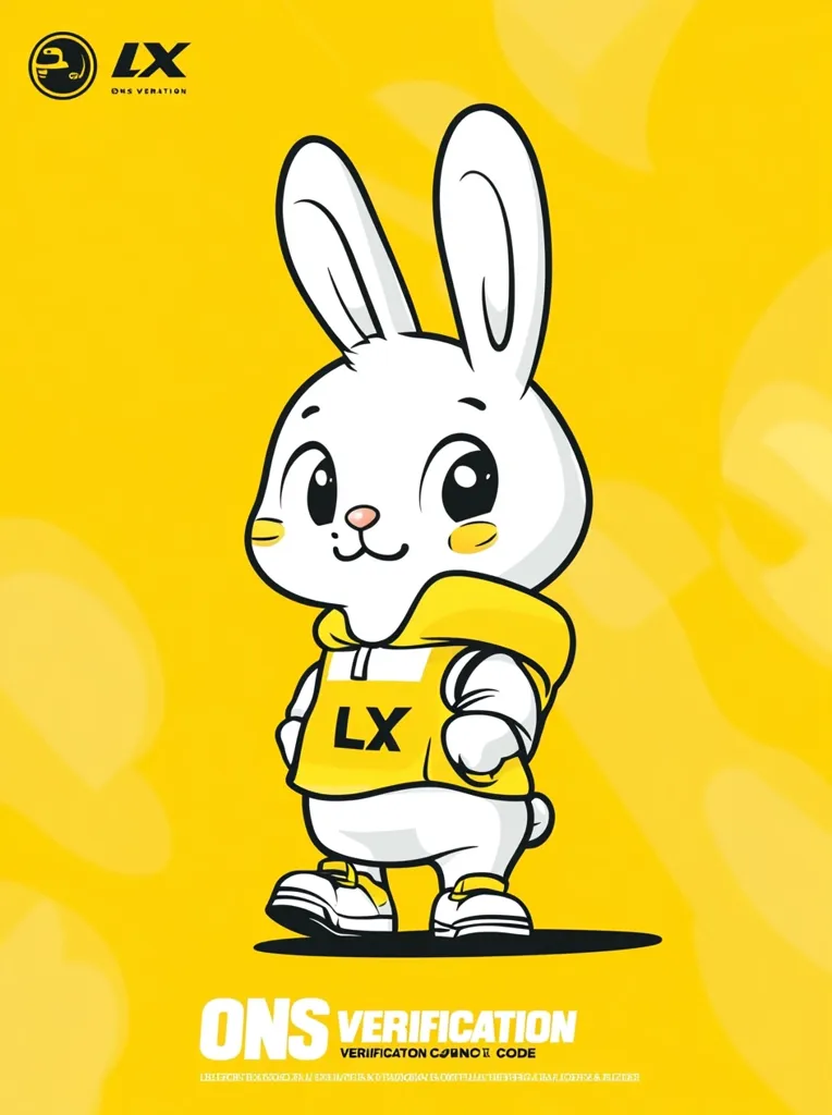 A cute cartoon rabbit, predominantly white, sports a yellow hoodie with the initials "LX" emblazoned on the chest.  The rabbit stands against a vibrant yellow background, its large eyes and cheerful expression creating an appealing image. The text "ONS VERIFICATION" and "VERIFICATION CODE" are displayed at the bottom, suggesting a verification process. The overall style is playful and modern.