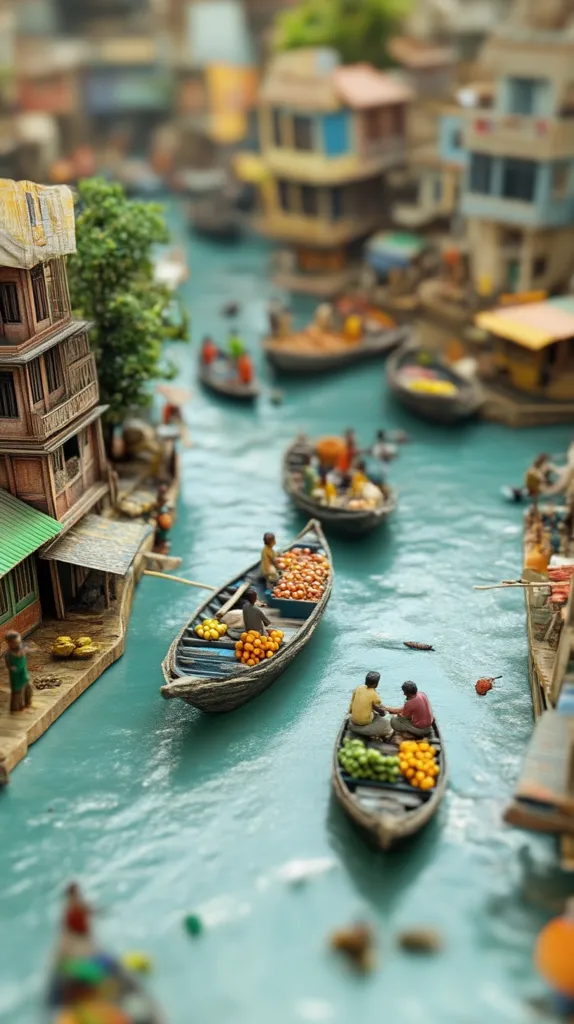 A miniature canal scene depicts bustling waterfront life.  Small boats laden with fruits and vegetables navigate the waterway, passing traditional-style buildings lining the banks.  Tiny figures, representing people, populate the boats and buildings, creating a sense of vibrant activity within this detailed model. The turquoise water adds to the charming, almost idyllic atmosphere.