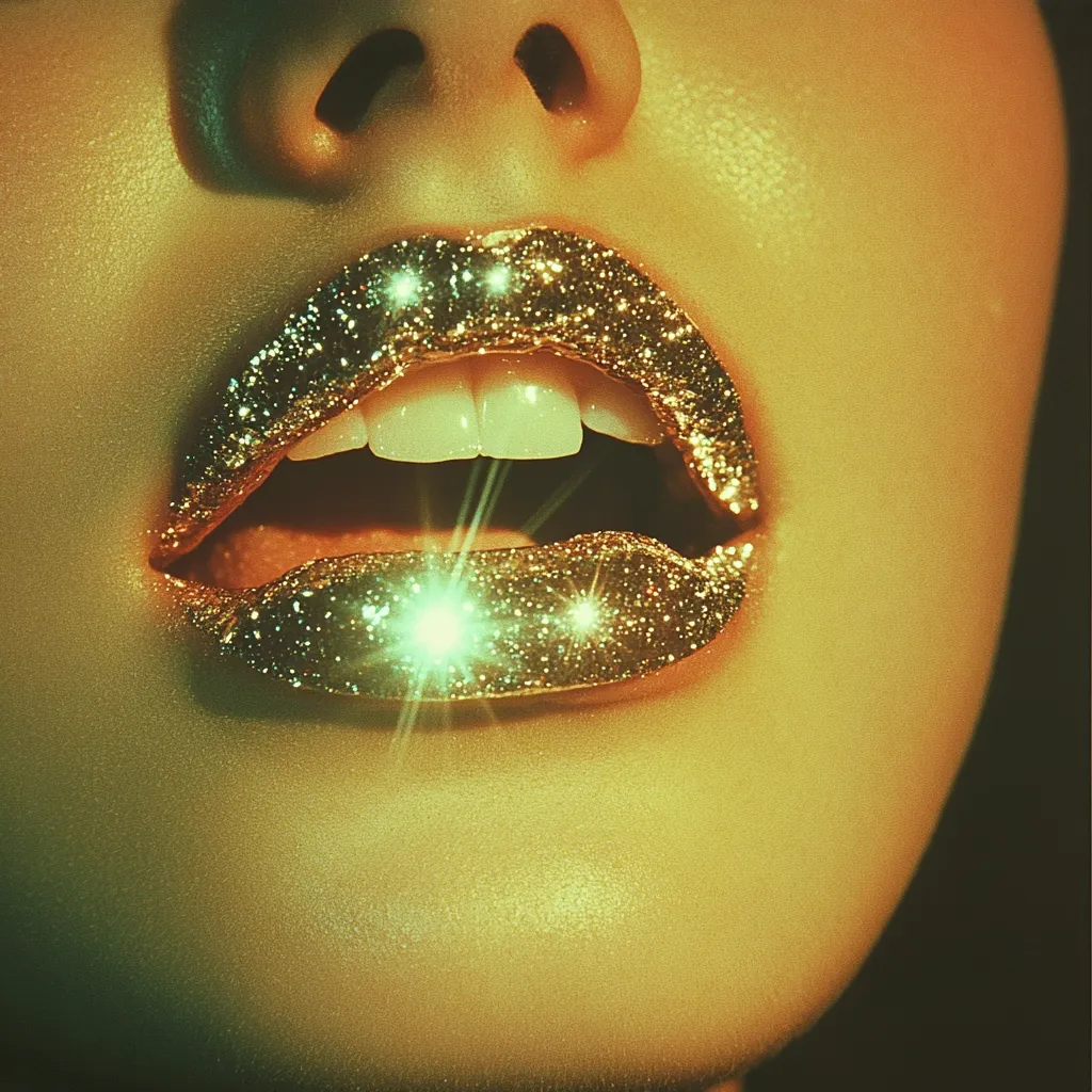 Close-up of a woman's mouth adorned with shimmering gold glitter lipstick.  The lips are slightly parted, revealing bright white teeth.  The overall aesthetic is glamorous and bold, with a retro, vintage feel enhanced by the warm, golden lighting. The glitter catches the light, creating a dazzling effect.