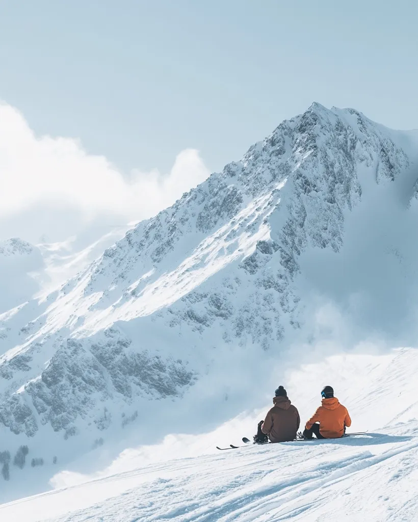 Two skiers rest on a snow-covered mountain slope, their skis laid beside them.  They gaze out at a breathtaking vista of a majestic, snow-capped peak under a bright, clear sky. The scene is serene and peaceful, showcasing the beauty of a winter wonderland.  The vast expanse of snow and the towering mountain create a sense of awe and tranquility.