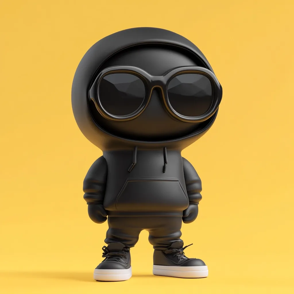 A 3D-rendered illustration of a stylized black character.  The figure is small and rounded, wearing a black hoodie, oversized sunglasses, and sneakers.  The character has no visible facial features. It stands against a bright yellow background, creating a strong contrast.  The overall style is minimalist and cartoonish.