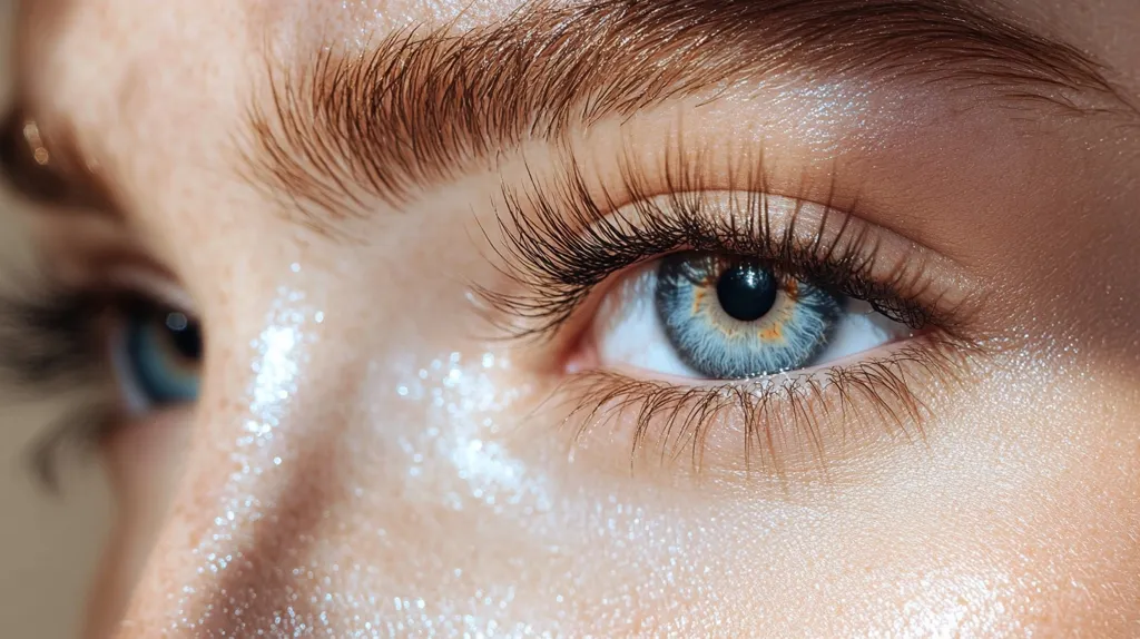 A close-up shot showcases a woman's eye, featuring long, dark lashes and light blue iris.  Her eyebrow is well-groomed, and her skin has a subtle, shimmering highlight. The overall impression is one of beauty and natural luminosity. The focus is sharpest on the eye, creating a striking image.