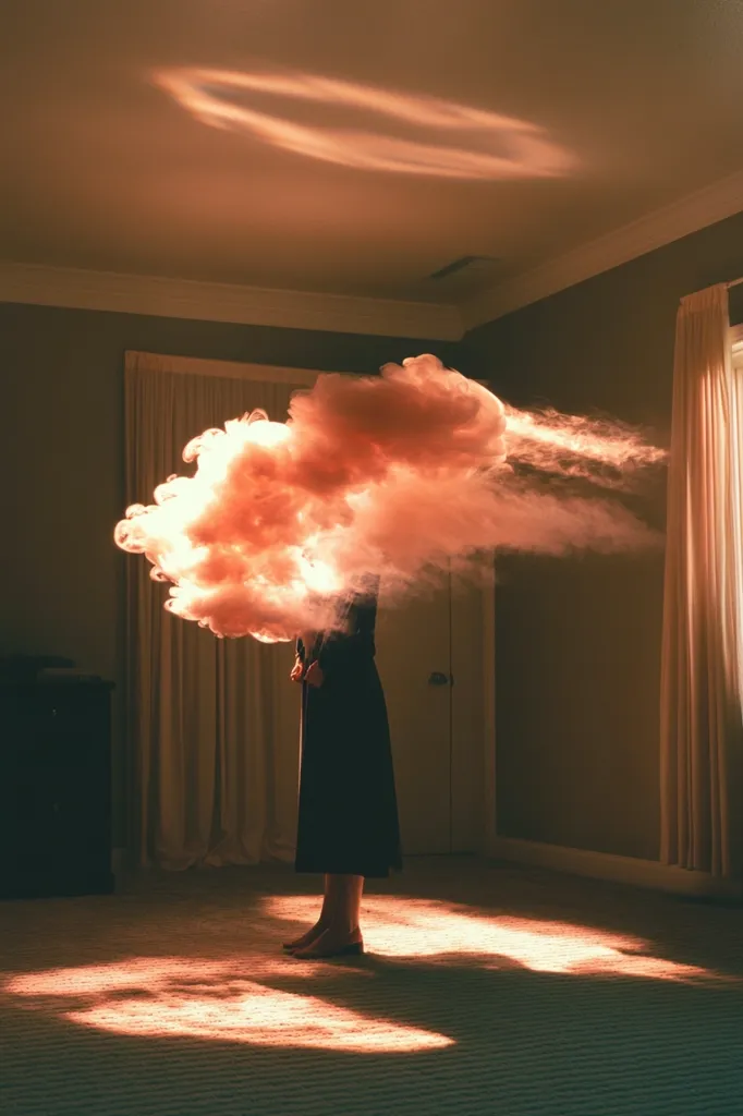 A woman in a dark dress stands in a dimly lit room.  A large, ethereal, peach-colored cloud of smoke or vapor obscures her head and shoulders. Sunlight streams through a window, casting warm light across the floor. The scene evokes a sense of mystery and introspection.  The overall mood is serene and slightly surreal.