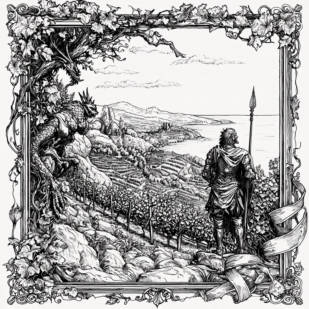 A black and white illustration, framed by ornate vines and scrolls, depicts a knight standing on a hillside overlooking a coastal vineyard.  He holds a spear, gazing out at a calm sea.  In the foreground, rocky terrain and grapevines dominate.  A dragon’s head and shoulders are partially visible in the left corner, adding a fantastical element to the scene.  The style evokes a medieval or fantasy setting.