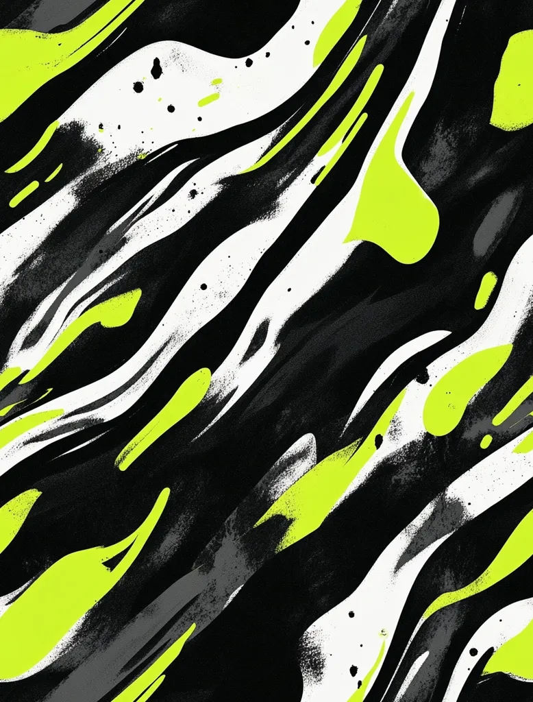 An abstract image features dynamic, swirling patterns in black, white, gray, and vibrant chartreuse green. The colors blend and contrast, creating a sense of movement and energy.  The style suggests a mix of painting and digital art, with a textured, almost gritty feel. The composition is bold and visually striking, with no clear focal point, instead emphasizing the overall flow and interplay of color.