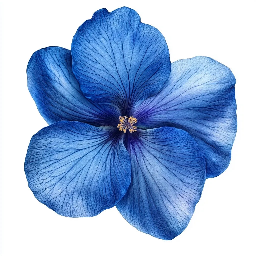 A vibrant blue flower, possibly a hibiscus, is showcased against a stark white background.  Its petals are delicately veined, exhibiting a gradient of blue hues. The detailed texture of the petals and the flower's central stamen are clearly visible. The image is a close-up, highlighting the intricate beauty of the blossom.