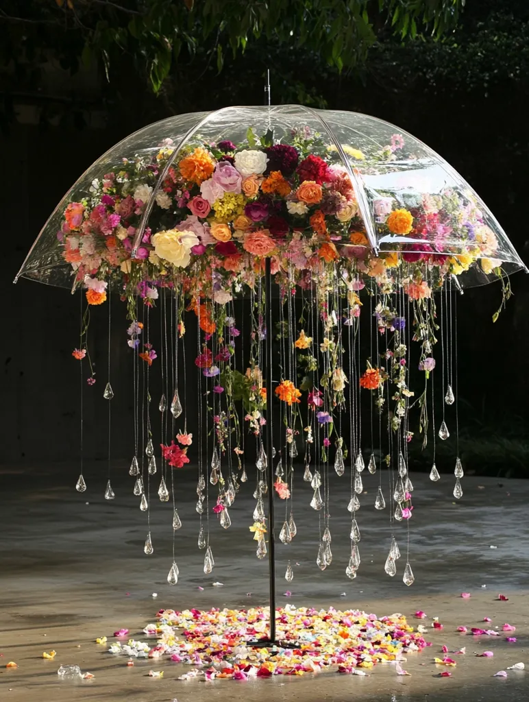 A transparent umbrella is adorned with a profusion of colorful flowers, creating a vibrant floral canopy.  Delicate crystal teardrops hang from the umbrella's edge, cascading down to the ground, where scattered flower petals form a colorful base. The overall effect is a whimsical and romantic floral installation, perfect for a special event or celebration.