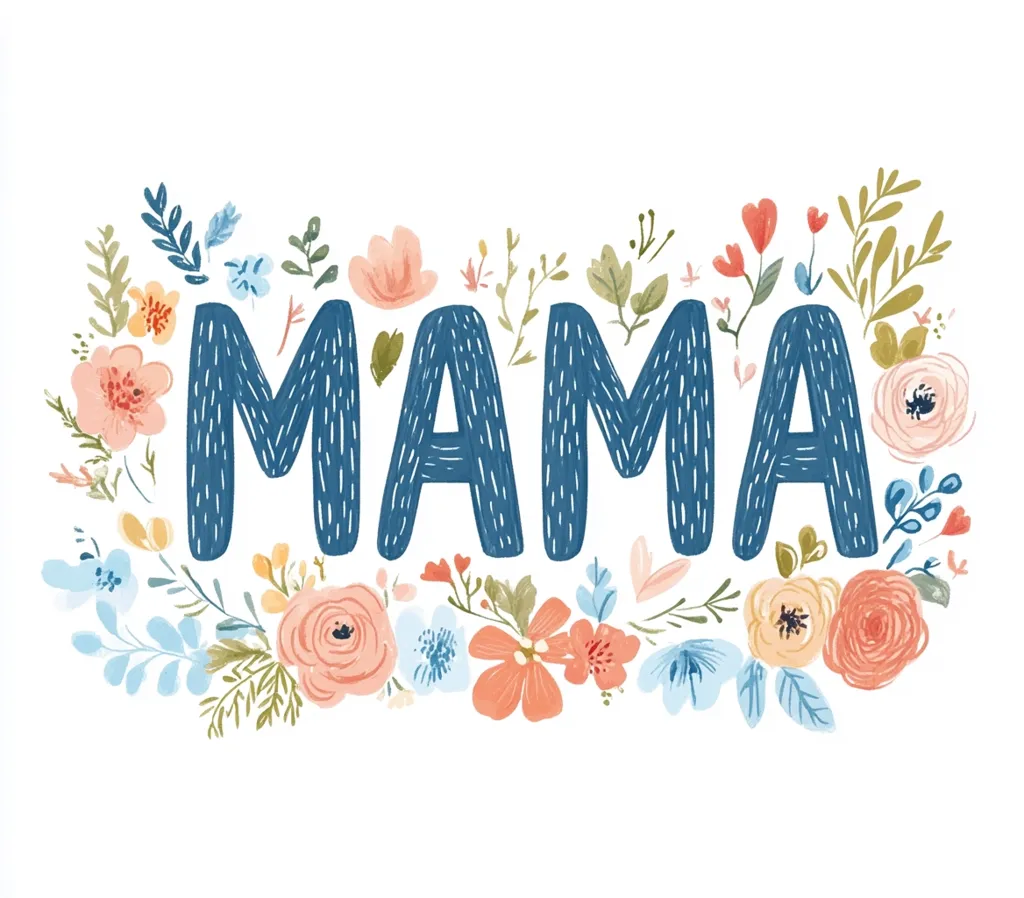 A watercolor-style illustration features the word "MAMA" in bold, textured blue lettering.  The letters are surrounded by a vibrant wreath of various pastel-colored flowers, leaves, and stems in shades of pink, orange, blue, and green, creating a cheerful and floral Mother's Day design.