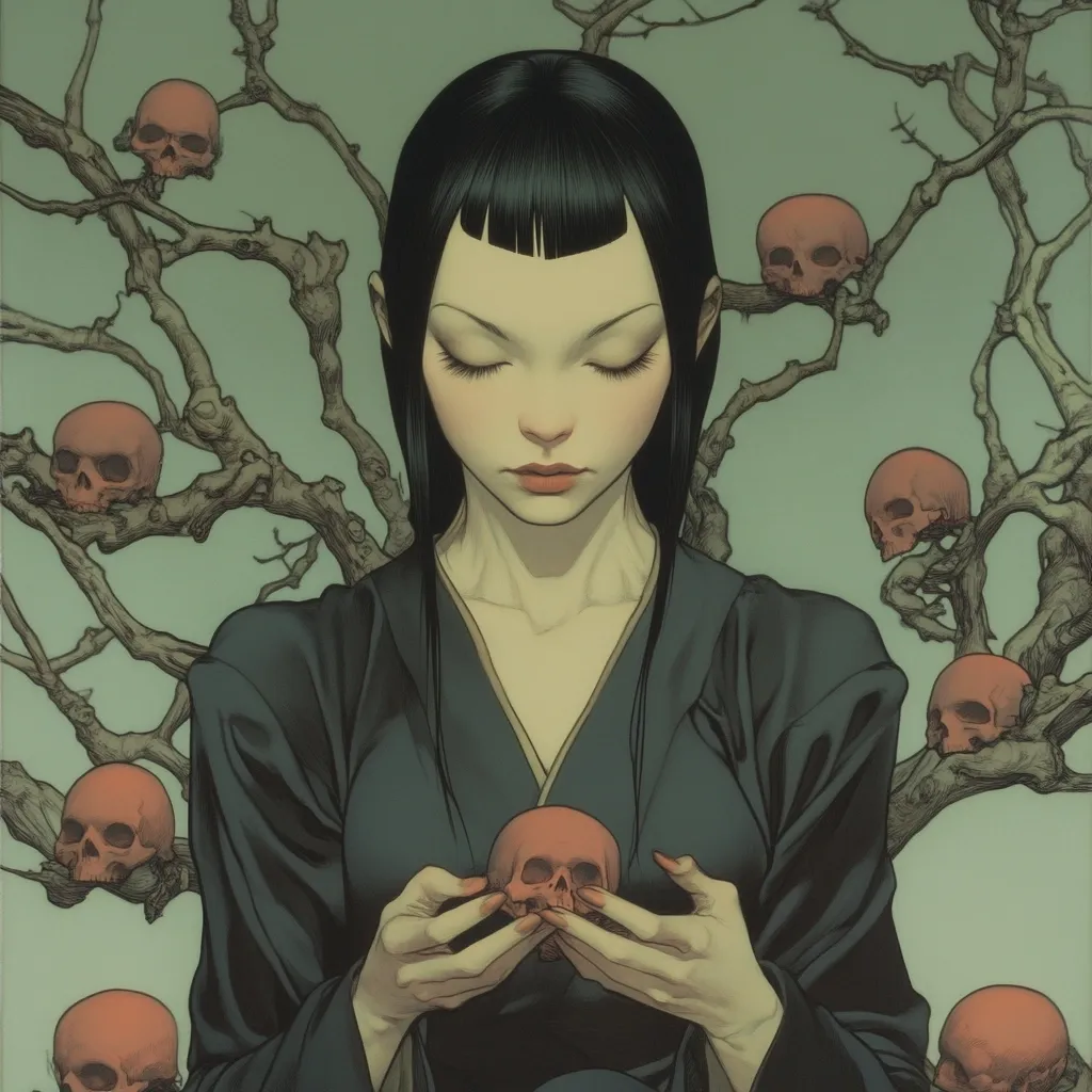 A serene woman with dark hair, parted in bangs, gazes downward.  She's dressed in a dark kimono and gently cradles a small, red skull in her hands.  Behind her, a barren tree branches out, adorned with numerous similar skulls, creating a striking contrast between life and death, serenity and mortality.  The muted color palette enhances the artwork's somber yet beautiful mood.