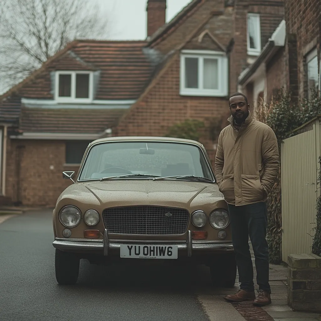 A man stands proudly beside a vintage, tan-colored car parked on a residential street. The car, slightly wet from rain, features a UK license plate. The background shows a row of brick houses. The overall mood is calm and contemplative, with a focus on the man and his classic vehicle.  The scene suggests a quiet moment in a peaceful neighborhood.