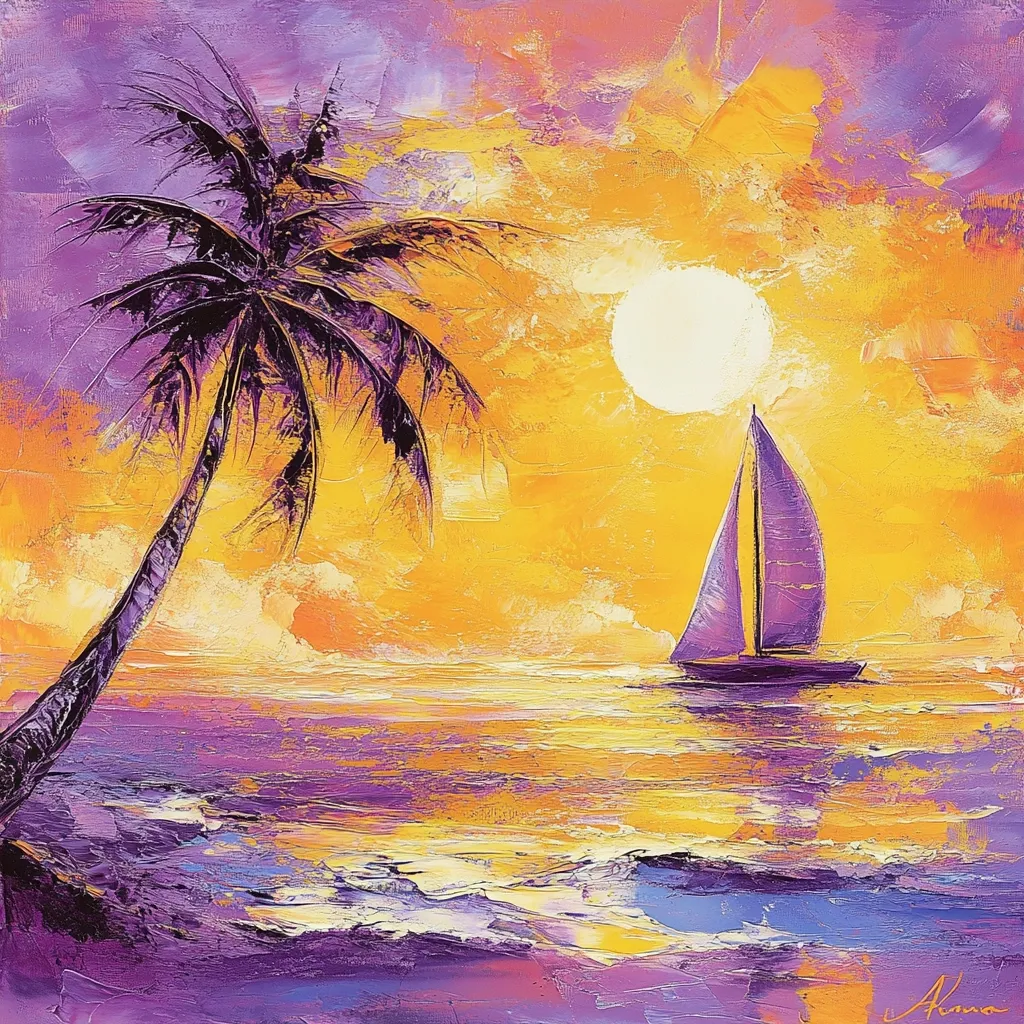 A vibrant sunset painting depicts a solitary sailboat on a calm sea.  Warm oranges and yellows dominate the sky, contrasted by cool purples and lavenders in the water and palm tree silhouette on the shore.  The thick impasto style creates a textured, almost three-dimensional effect, enhancing the tropical scene's luminosity and tranquility.  A large, bright white sun adds to the peaceful atmosphere.