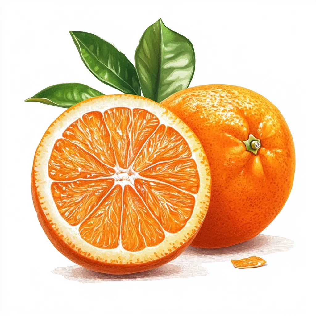 A vibrant illustration showcases a whole orange alongside a perfectly halved one, revealing its juicy, segmented interior.  Lush green leaves sprout from behind, adding a touch of freshness. The oranges are depicted with remarkable detail, highlighting their texture and color, creating a realistic and appetizing image.  A small piece of orange peel lies near the fruit, completing the composition.