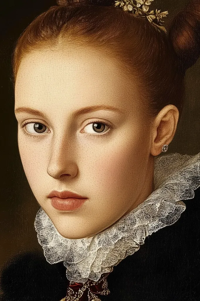 A close-up portrait of a young woman with fair skin and reddish-brown hair styled up. She wears an ornate white lace collar and a dark garment. Her expression is serene, and her gaze is direct.  The style evokes a classical painting, with meticulous detail in the rendering of skin texture and the delicate lace. A small, ornate gold hairpiece is visible in her hair.
