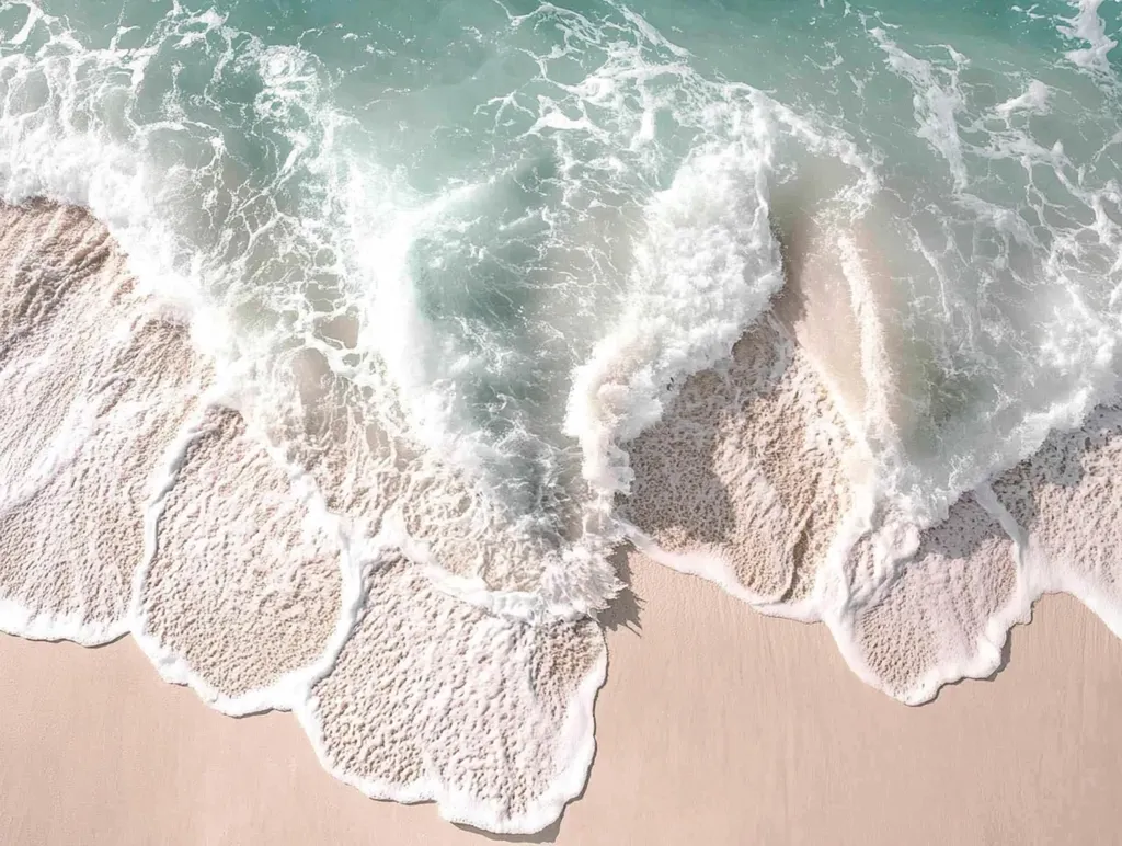 An overhead shot captures the serene moment where gentle, light teal waves caress a pristine, pale sand beach.  The foamy white crests of the waves create a delicate lace-like pattern as they gently break on the shore. The overall image evokes a sense of calm and tranquility, showcasing the beauty of a peaceful coastal scene.