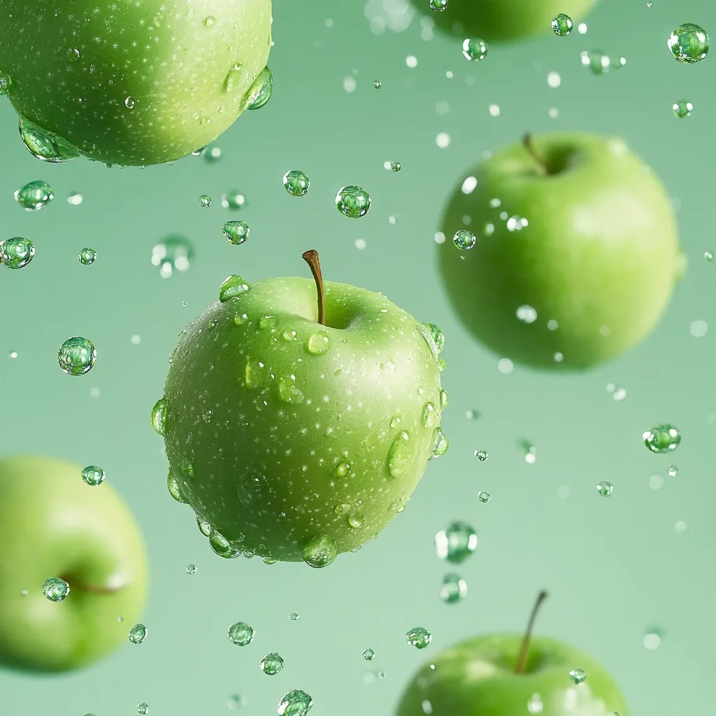 Several crisp, green apples are suspended in mid-air against a soft green background.  Water droplets cling to their surfaces, creating a refreshing and vibrant image. The apples appear juicy and fresh, with highlights emphasizing their smooth skin. The overall effect is one of lightness and purity, suggesting health and vitality.