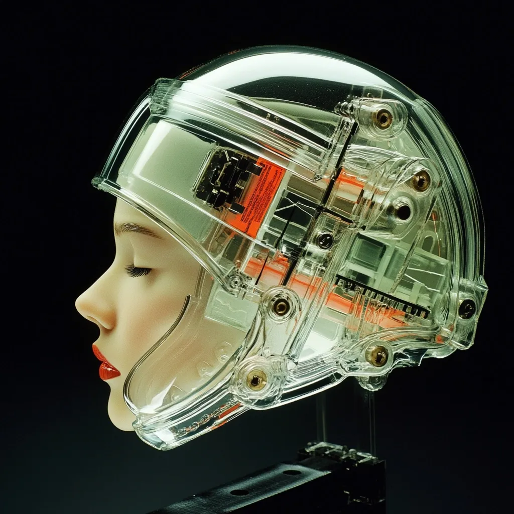 A transparent helmet, showcasing internal mechanisms, encases a woman's head in profile. Her eyes are closed, and she wears red lipstick.  The helmet's design is intricate, revealing a complex system of gears, wiring, and components.  The image suggests a fusion of technology and humanity, presenting a futuristic or surreal aesthetic. The dark background emphasizes the helmet's intricate detail.