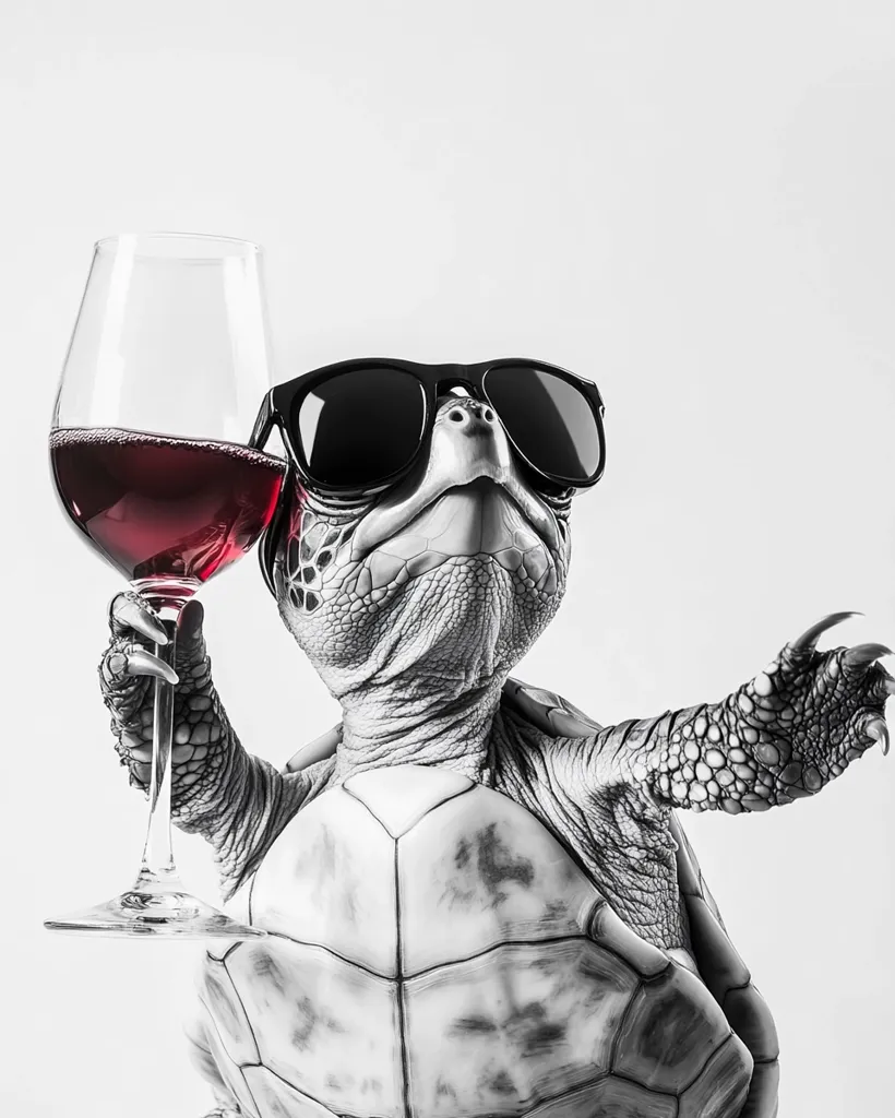 A black and white image depicts a turtle wearing sunglasses, elegantly holding a glass of red wine.  The turtle's expression is one of sophisticated enjoyment.  The background is a plain white, emphasizing the turtle and its wine.  The overall tone is humorous and slightly surreal.