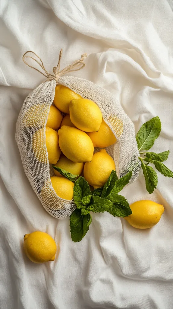 A mesh produce bag filled with bright yellow lemons sits on a white fabric background.  Fresh mint sprigs are nestled amongst the lemons and beside the bag.  Two additional lemons rest outside the bag. The overall image is bright, clean, and evokes a feeling of freshness.