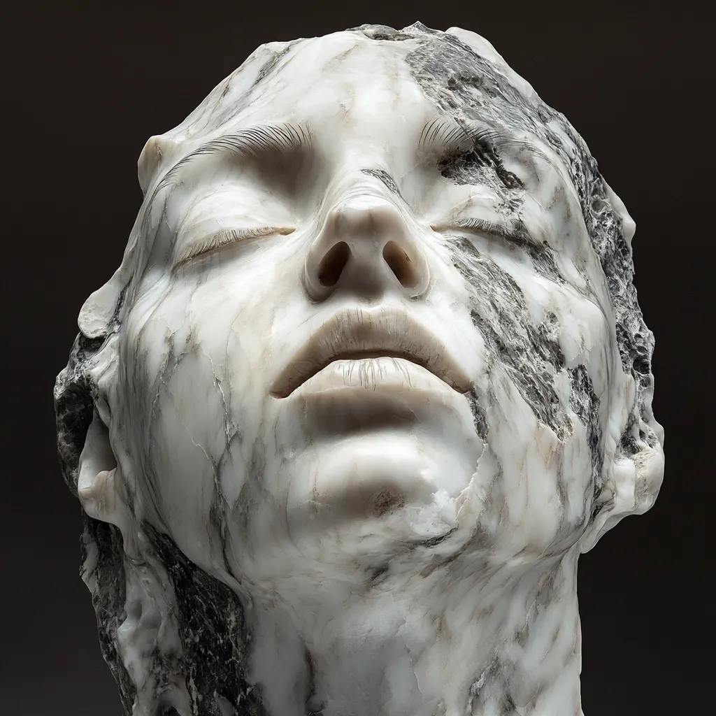 A stunning marble sculpture depicts a woman's head tilted back, eyes closed in serene expression.  The white marble is dramatically contrasted by dark veining, creating a textured, almost ethereal effect.  The artist masterfully captures delicate details like eyelashes and lips, while the rougher, broken edges add a sense of fragility and vulnerability.  The overall composition evokes a feeling of quiet contemplation and inner peace.