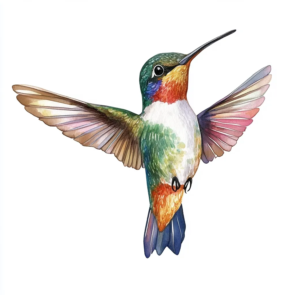 A vibrant watercolor painting depicts a hummingbird in mid-flight.  Its wings are outstretched, showcasing iridescent colors ranging from greens and browns to hints of pink and orange. The hummingbird's body is a blend of emerald green, orange, and white, with a long, slender beak pointing upward.  The detailed painting captures the bird's delicate features and the intricate patterns of its feathers against a stark white background.