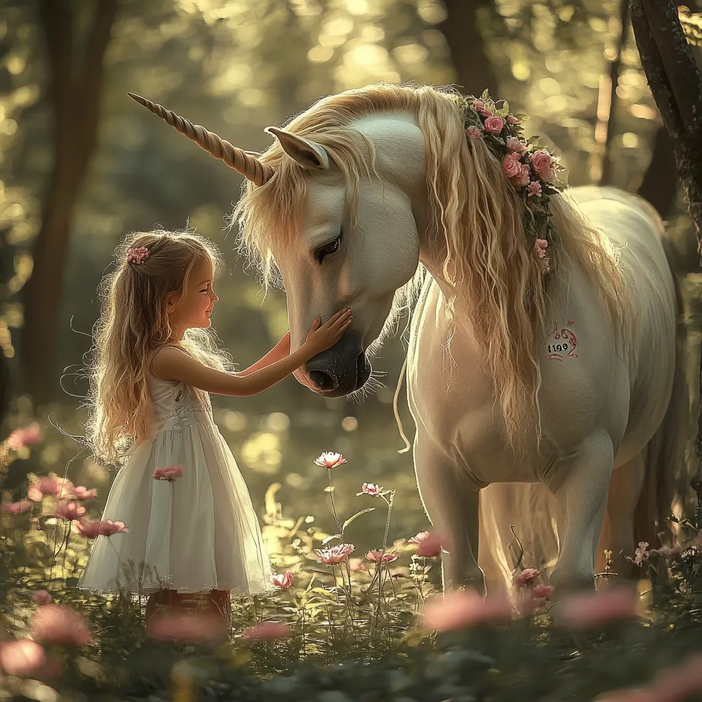 A young girl in a white dress gently touches a majestic white unicorn adorned with pink roses in its mane.  The scene is set in a sun-dappled forest, surrounded by blossoming pink flowers.  The unicorn and girl share a tender moment, creating a magical and enchanting image.  The overall mood is peaceful and whimsical.