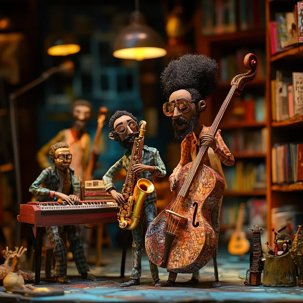 A stop-motion animation scene depicts a jazz band in a bookstore setting.  Three musicians—a pianist, saxophonist, and double bassist—are meticulously crafted figures.  Their instruments are richly detailed, and the backdrop features shelves overflowing with books, adding depth and atmosphere to the scene.  The lighting accentuates the textured surfaces of the figures and instruments.