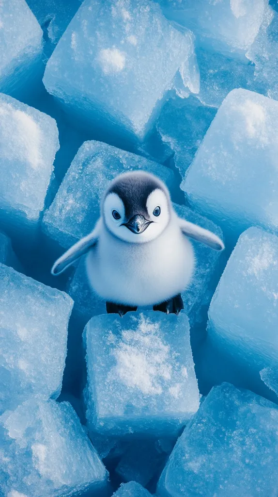 An adorable fluffy penguin chick stands proudly atop a pile of glistening blue ice cubes.  Its dark eyes and beak contrast with its soft, light gray and white downy feathers. The image is a captivating close-up, emphasizing the penguin's cuteness against the cold, icy background. The overall tone is one of innocence and the harsh beauty of its arctic environment.