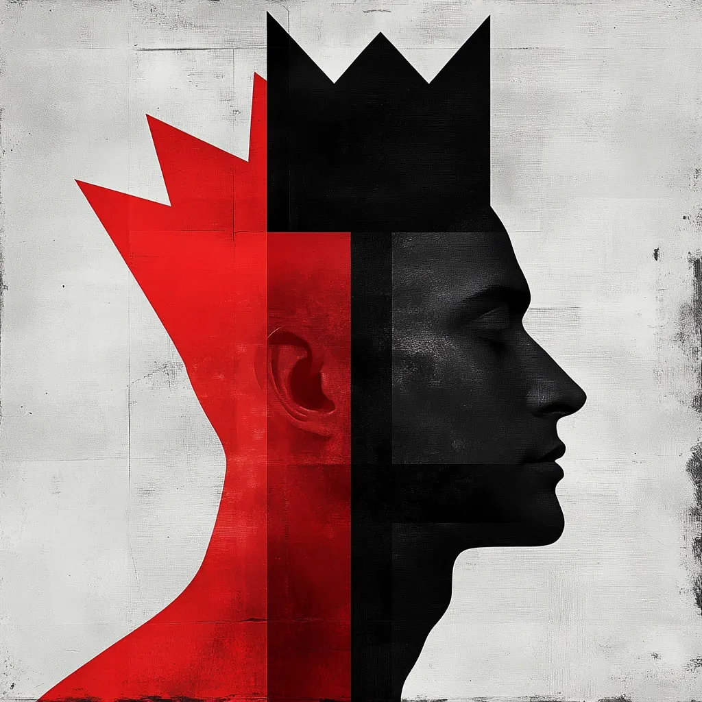 A stylized profile portrait of a man's head, split into two halves. One side is rendered in bold red with a jagged crown, symbolizing fiery passion or rebellion. The other is stark black, representing darkness or power.  The textured background enhances the artistic contrast, suggesting a duality of personality or internal conflict. The crown atop signifies royalty or ambition.