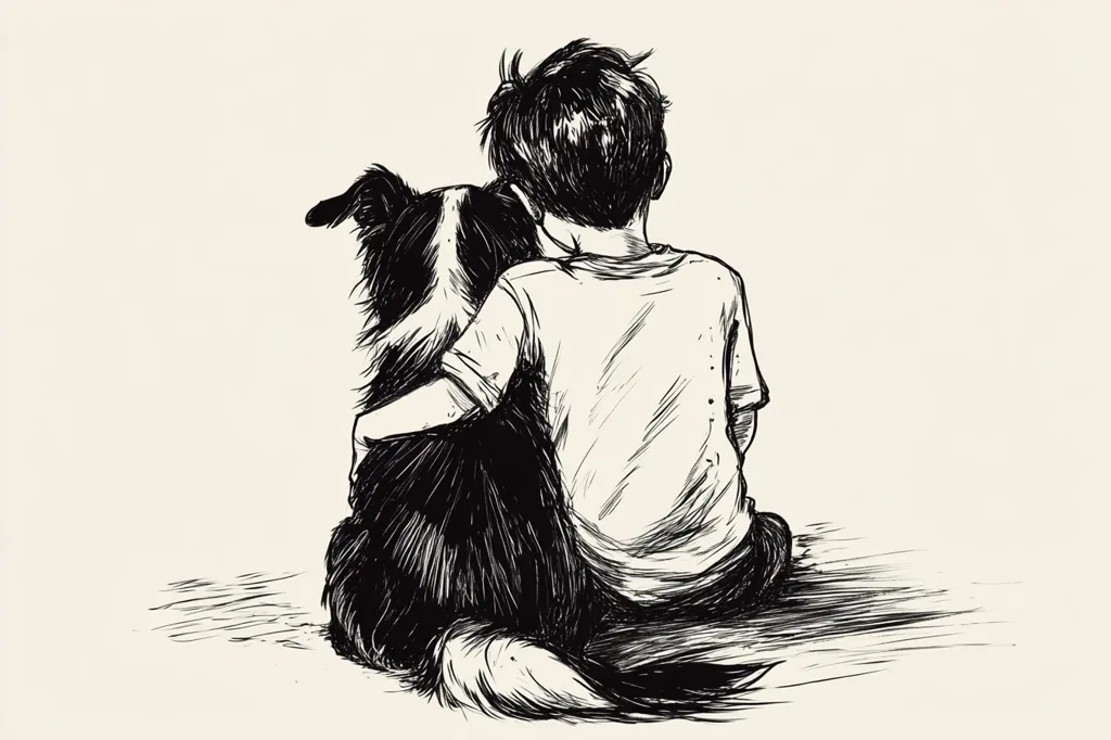 A black and white ink drawing depicts a boy sitting with his arms around a border collie.  Both are viewed from behind, their postures suggesting companionship and quiet contemplation. The boy's short hair and simple t-shirt contrast with the dog's thick, textured fur. The style is expressive and slightly sketchy, emphasizing emotion over precise detail.  The overall mood is one of peaceful intimacy between the child and his pet.