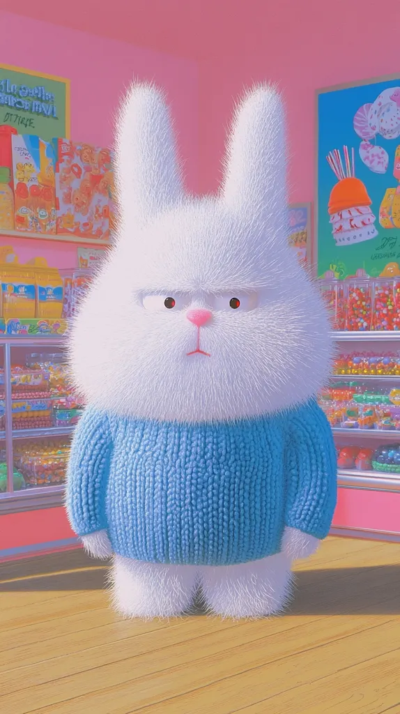A fluffy white rabbit, wearing a light blue knitted sweater, stands in front of a candy store.  Its expression is one of slight annoyance. The candy store shelves are brightly colored and stocked with various sweets. The overall scene is pastel and whimsical, with a retro feel. The rabbit's fur is highly detailed, contrasting with the smoother surfaces of the store and floor.
