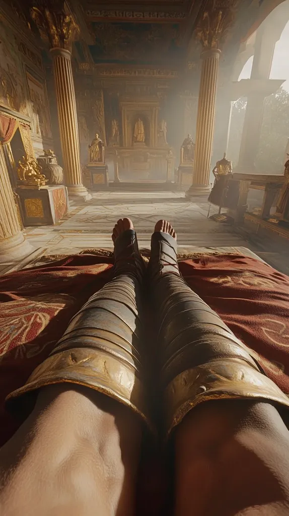 The image shows a first-person perspective of a person's legs clad in ornate gold-and-bronze greaves, reclining on a rich, red fabric-covered surface.  The setting is a grand, sunlit Roman-style atrium, with marble floors, columns, and statues visible in the background, creating a sense of ancient grandeur and opulence.  The overall mood is one of serene relaxation within a historical context.