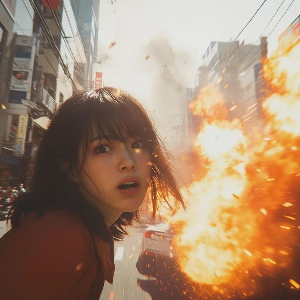 A young woman with dark hair, wearing a reddish-brown jacket, looks over her shoulder with a shocked expression.  Behind her, a large fiery explosion engulfs a city street, with cars and buildings visible in the background.  Debris flies through the air, creating a chaotic and dramatic scene. The image suggests a moment of intense action or disaster.