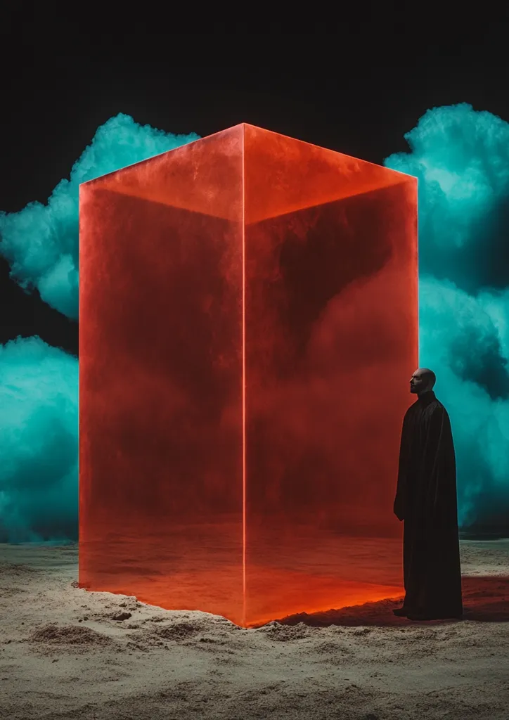 A bald figure in a dark robe stands before a large, translucent red cube.  The cube glows from within, casting an orange light on the sandy ground.  Surrounding the scene are swirling teal clouds against a dark sky, creating a dramatic and surreal atmosphere.  The image evokes a sense of mystery and isolation.