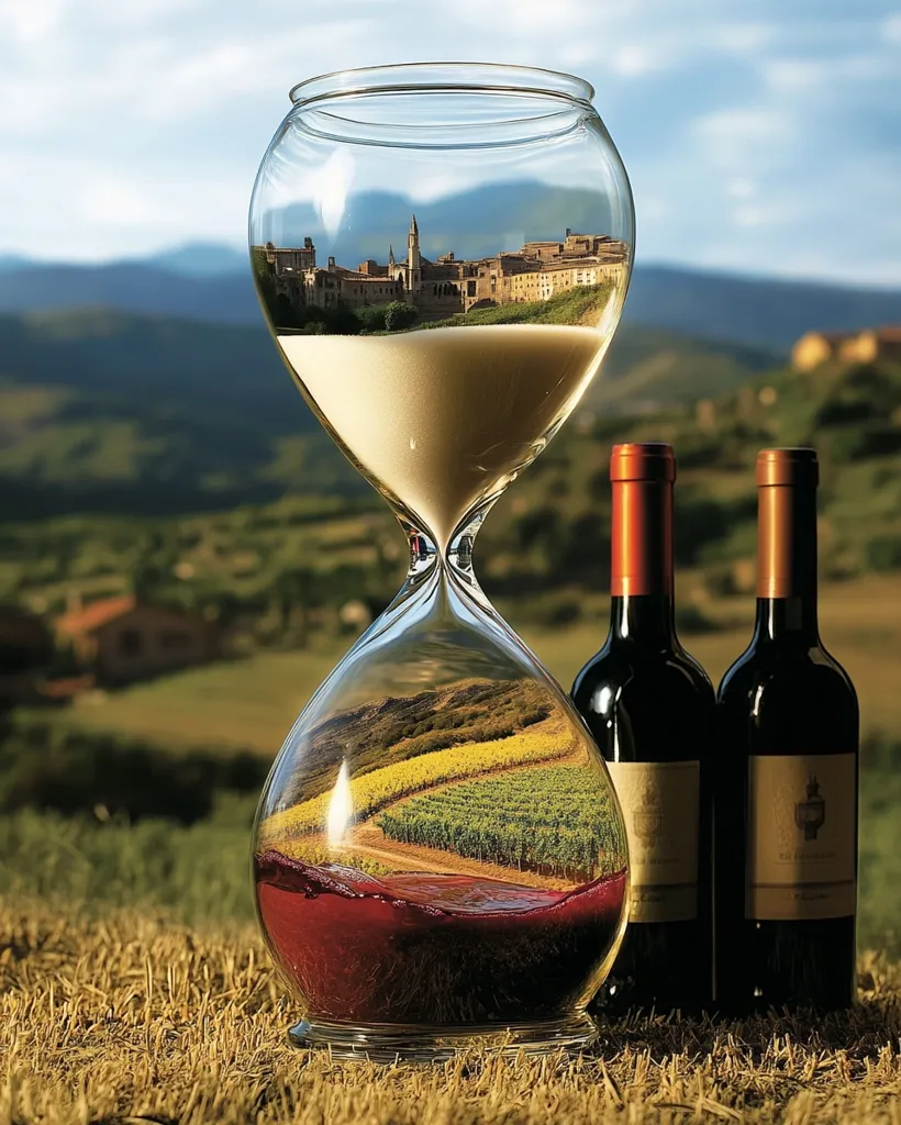 A large hourglass contains sand representing time, with a picturesque medieval town reflected in the upper bulb.  As the sand runs down, the lower bulb fills with red wine, symbolizing the passage of time and the culmination of winemaking. Two bottles of wine rest on the ground in the foreground, enhancing the image’s theme of wine production and history. The backdrop features rolling hills and vineyards, suggesting a rural Italian landscape.