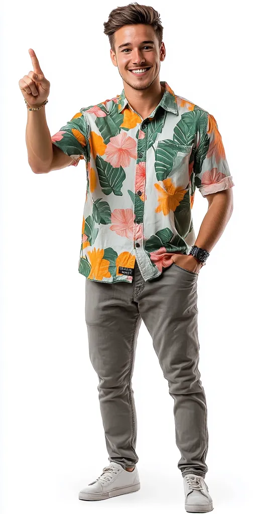 A young man with short brown hair smiles confidently, pointing upward with his right index finger. He's dressed in a short-sleeved, light-colored shirt adorned with a vibrant tropical print of orange flowers and green leaves, paired with gray chinos and clean white sneakers.  His casual yet stylish attire suggests a relaxed and approachable demeanor.