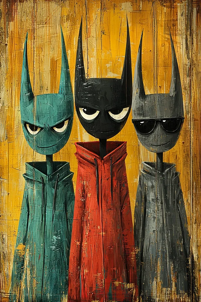 Three stylized bat-like creatures stand side-by-side against a textured, yellow-gold wood background.  Each wears a hooded jacket; teal, red, and gray.  They possess angular features and intense expressions. The central figure is black, while the outer two are darker shades of blue-green and gray. The style is reminiscent of graphic art with a rough, painterly texture.  The image has a slightly menacing yet intriguing vibe.