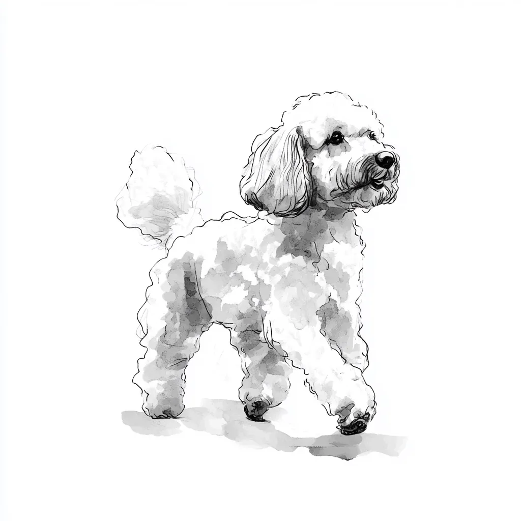 A monochrome illustration showcases a fluffy white poodle in motion.  The dog is depicted mid-stride, its curly coat rendered with a blend of ink lines and watercolor washes, creating a textured effect.  The poodle's head is slightly turned, giving it a lively and alert expression.  The overall style is elegant and expressive, capturing the dog's playful energy.