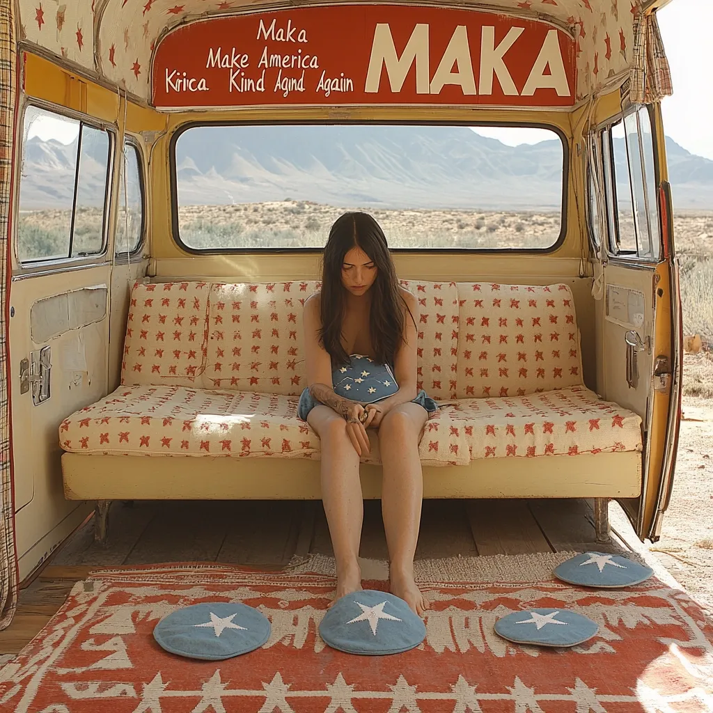 A young woman with long dark hair sits on a vintage bus's bench. The bus interior features a patterned upholstery and a sign reading "MAKA Make America Kind Again".  She's barefoot, resting on star-shaped floor cushions on a rug. The bus is parked outdoors in a desert landscape, visible through the windows.  The overall scene evokes a sense of quiet contemplation and retro Americana.