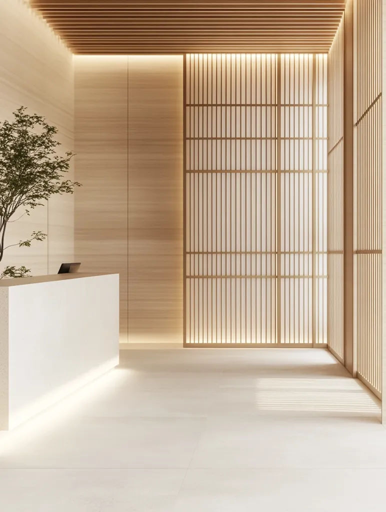 A minimalist reception area features a clean white counter, light wood walls and ceiling, and a striking shoji screen.  Soft lighting enhances the serene atmosphere. A small potted tree adds a touch of nature. The overall design is calming and evokes a sense of tranquility.  The space is spacious and elegantly simple.