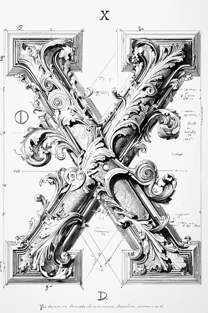 A detailed black and white illustration showcases an ornate, Baroque-style letter X.  Intricate, swirling acanthus leaf motifs heavily decorate the letter's form.  Geometric construction lines overlay the design, revealing the underlying structural framework.  The image appears to be a historical design plate or architectural drawing, possibly for a decorative element or piece of furniture.  A caption in a foreign language is visible at the bottom.