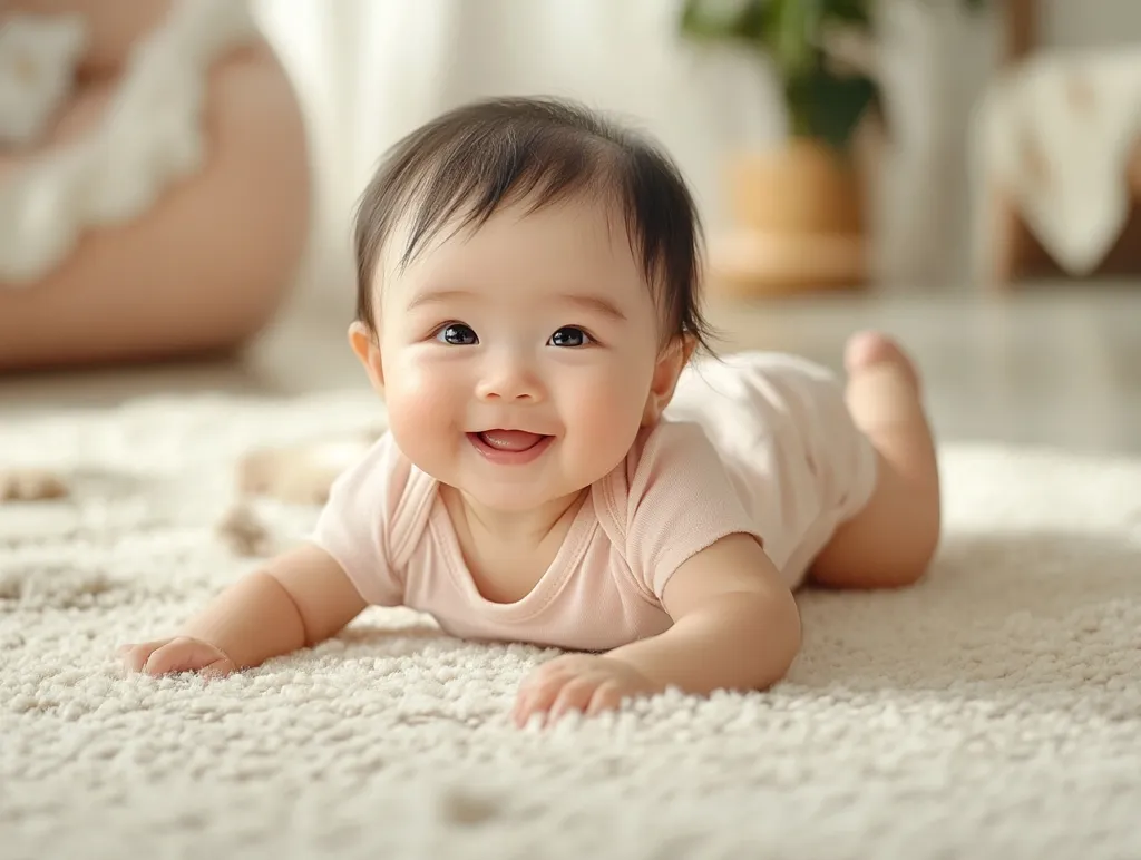 An adorable baby, likely of East Asian descent, lies on its tummy on a fluffy white rug.  The baby is wearing a light pink onesie and has a cheerful expression, with a wide, happy smile. The setting appears to be a bright, clean living room.  The baby's dark hair is neatly combed back.