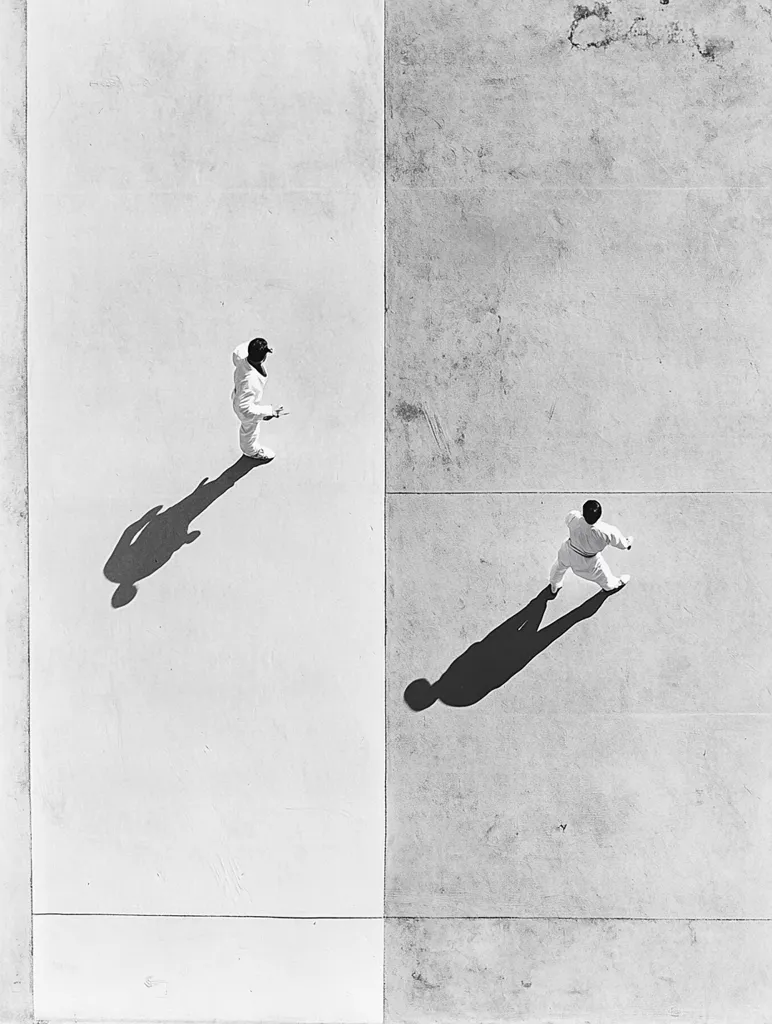 High-angle black and white photograph of two individuals, seemingly practicing martial arts, on a divided concrete surface.  Each person is positioned on a separate section, their white uniforms contrasting sharply against the light grey background.  Long shadows stretch from each figure, adding to the image's stark composition and emphasizing the isolation of each practitioner. The scene is minimalist and suggestive of discipline and solitude.