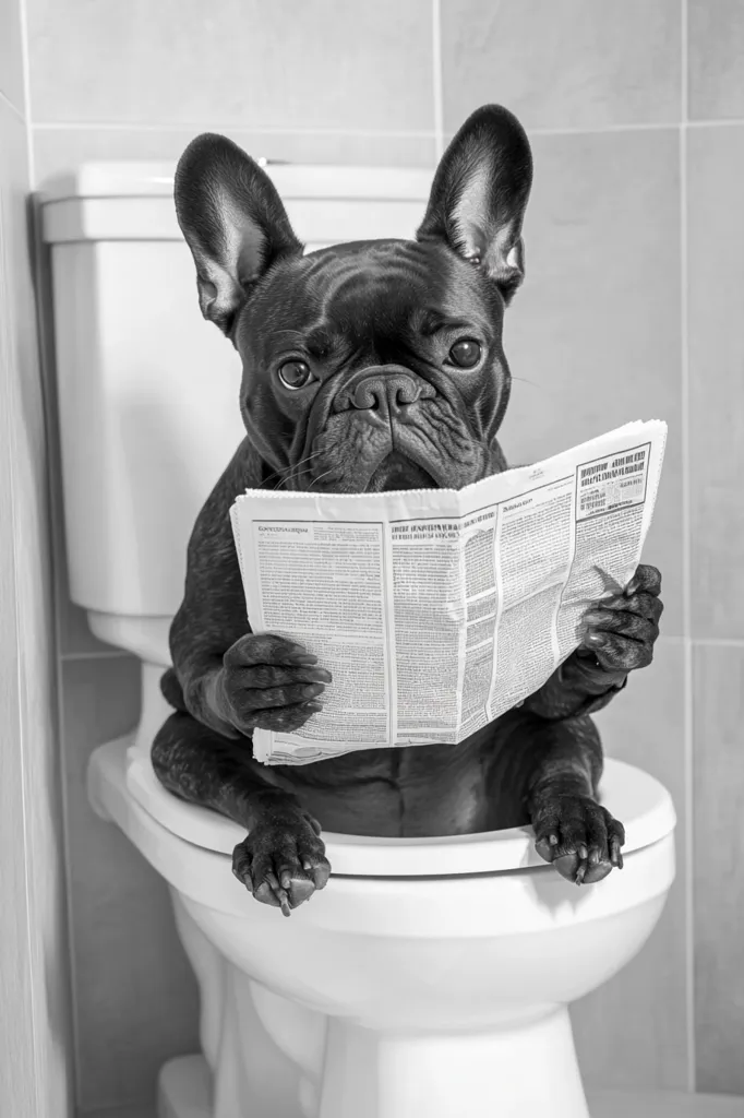 A black French Bulldog sits on a toilet, engrossed in reading a newspaper. The dog holds the paper with its paws, its expression serious and focused. The monochrome image creates a humorous contrast between the dog's dignified pose and its unusual location. The scene is set in a clean bathroom, with simple tile backsplash. The overall effect is a playful and memorable snapshot.
