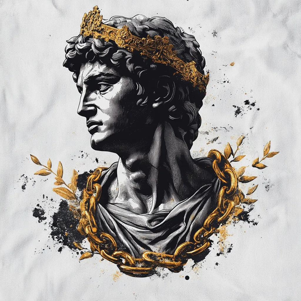A stylized image depicts a classical bust of a crowned male figure, rendered in grayscale with gold accents.  The crown is ornate, and a thick gold chain drapes around the neck and shoulders.  Gold leaf-like branches add to the design, set against a textured, off-white background with black splatter effects. The overall style blends classical sculpture with modern graphic design.