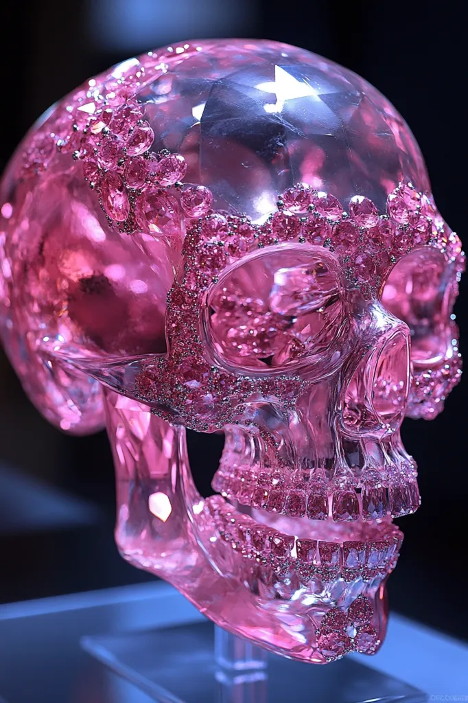 A meticulously crafted pink crystal skull is adorned with numerous small pink gemstones, encrusted along its contours. The skull's translucent nature allows light to pass through, highlighting the intricate details and gemstone embellishments.  It rests on a clear stand, showcasing the piece's exquisite artistry.  The overall effect is both striking and beautiful, a unique blend of macabre and luxurious aesthetics.