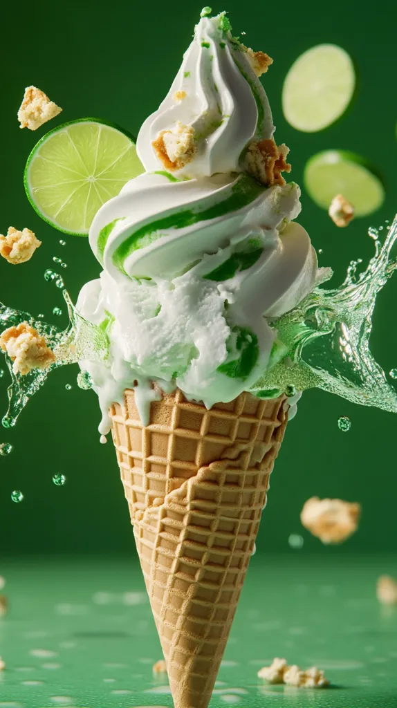 A lime ice cream cone is the focus of a vibrant image.  The soft serve is swirled with green lime accents and topped with crunchy bits.  Lime slices and splashes of liquid surround the cone against a bright green background, creating a dynamic and refreshing scene.  The overall effect is playful and appetizing.