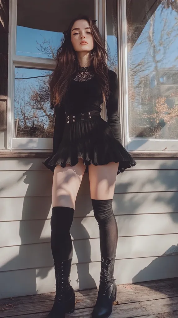 A young woman with long dark hair stands before a window. She's dressed in a black lace-trimmed top, a black pleated mini-skirt with a belted waist, black thigh-high socks, and black lace-up boots. The sunlight casts shadows on the light-colored siding of the building. Her pose is confident, her expression serious. The overall aesthetic is dark and stylish.