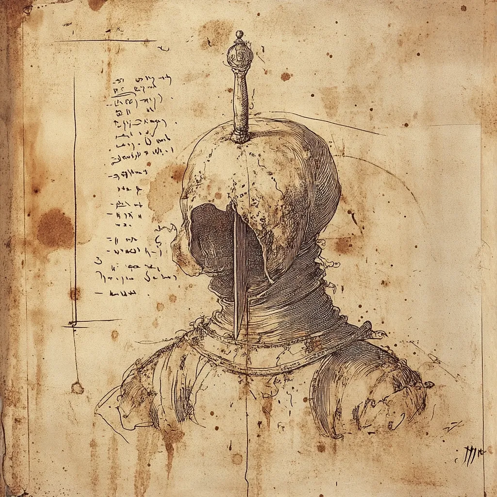 A sepia-toned drawing depicts the upper body of a figure in armor, viewed from behind.  The head is covered by a hooded helmet with a vertical plume, obscuring the face.  The armor is detailed, showing intricate textures.  Surrounding the drawing are annotations and markings, possibly notes or sketches, in a style suggesting a historical or anatomical study. The aged paper displays stains and discoloration.