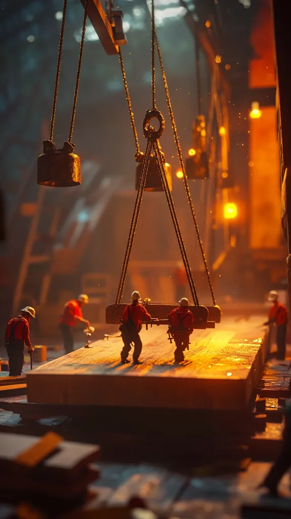Miniature workers in red overalls maneuver a large, glowing metal slab within a dimly lit industrial setting.  Overhead cranes with heavy lifting mechanisms are visible, suggesting a foundry or steel mill.  The warm, orange light highlights the scene's intense heat and activity, emphasizing the scale of the operation and the workers' small stature in comparison. Dust motes dance in the air.